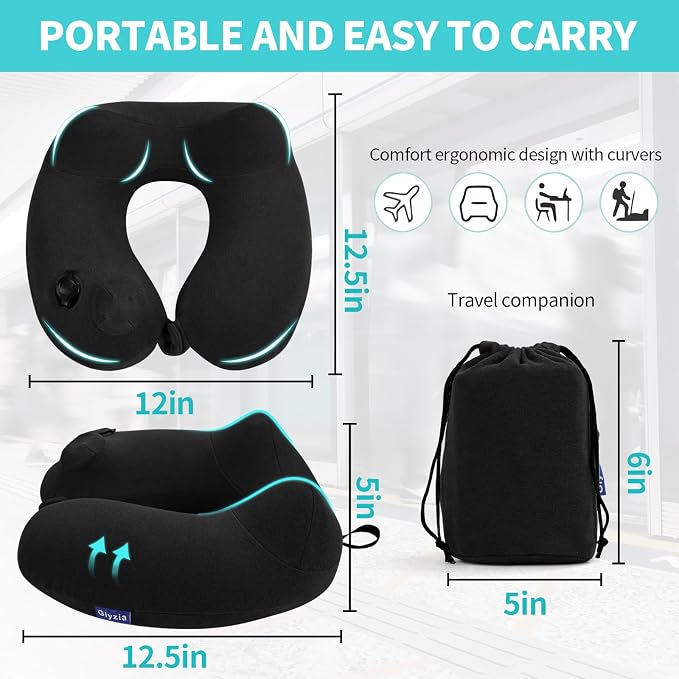 Inflatable Travel Neck Pillow for Airplane, Head Support Velvet Adult Neck - Image 3