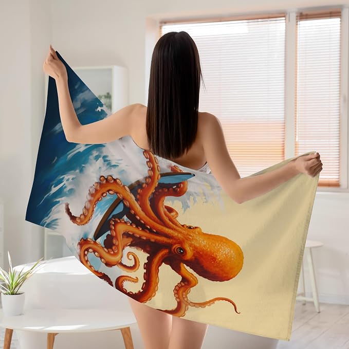 WZOMT Microfiber Octopus Beach Towel, Funny Octopus Surfing Ocean Animal Print - Image 6