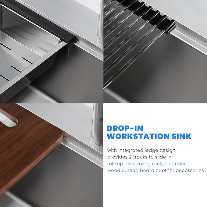POPFLY 23×18 Inch Drop in Workstation Kitchen Sink, Handmade 18-Gauge 304 - Image 7