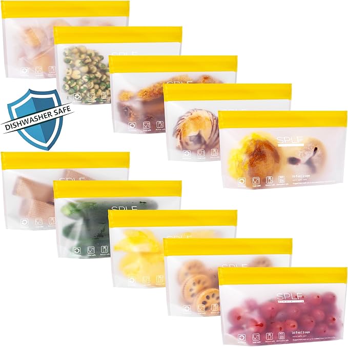 SPLF 10 Pack Stand-Up Reusable Snack Bags Dishwasher Safe, BPA Free Food by SPLF