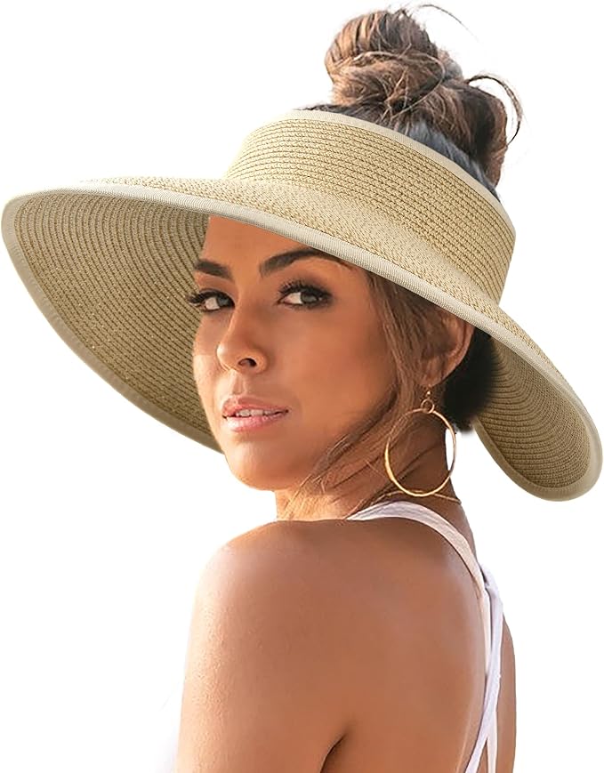 FURTALK Sun Hats for Women Wide Brim Beach Hat Straw Visor Ponytail Summer UV by FURTALK