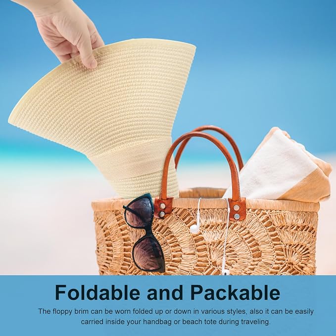 DRESHOW Beach Hats for Women Big Straw Wide Brim Summer Hat Floppy Foldable - Image 5
