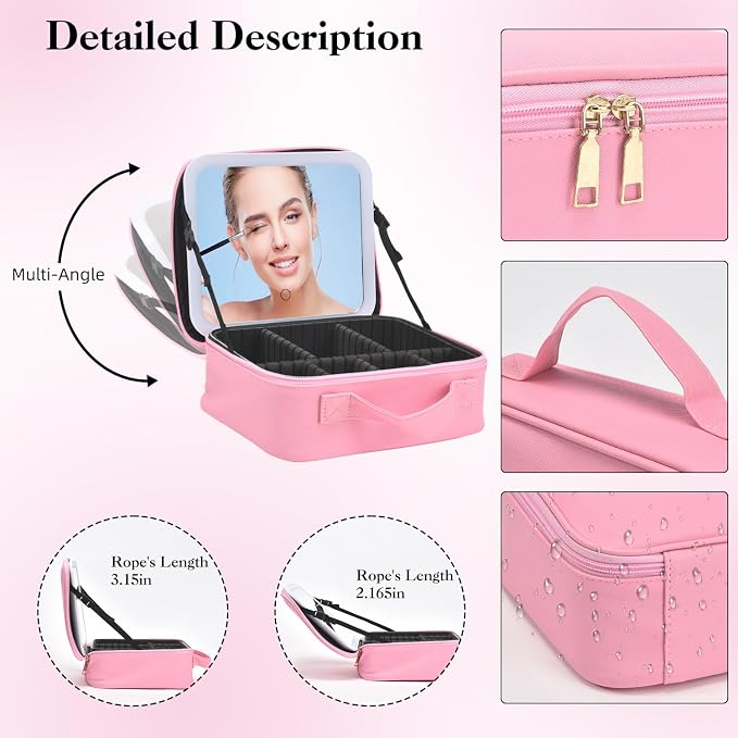 Travel Makeup Bag With LED Mirror, Makeup Travel Train Case with 3 Color Setting - Image 6