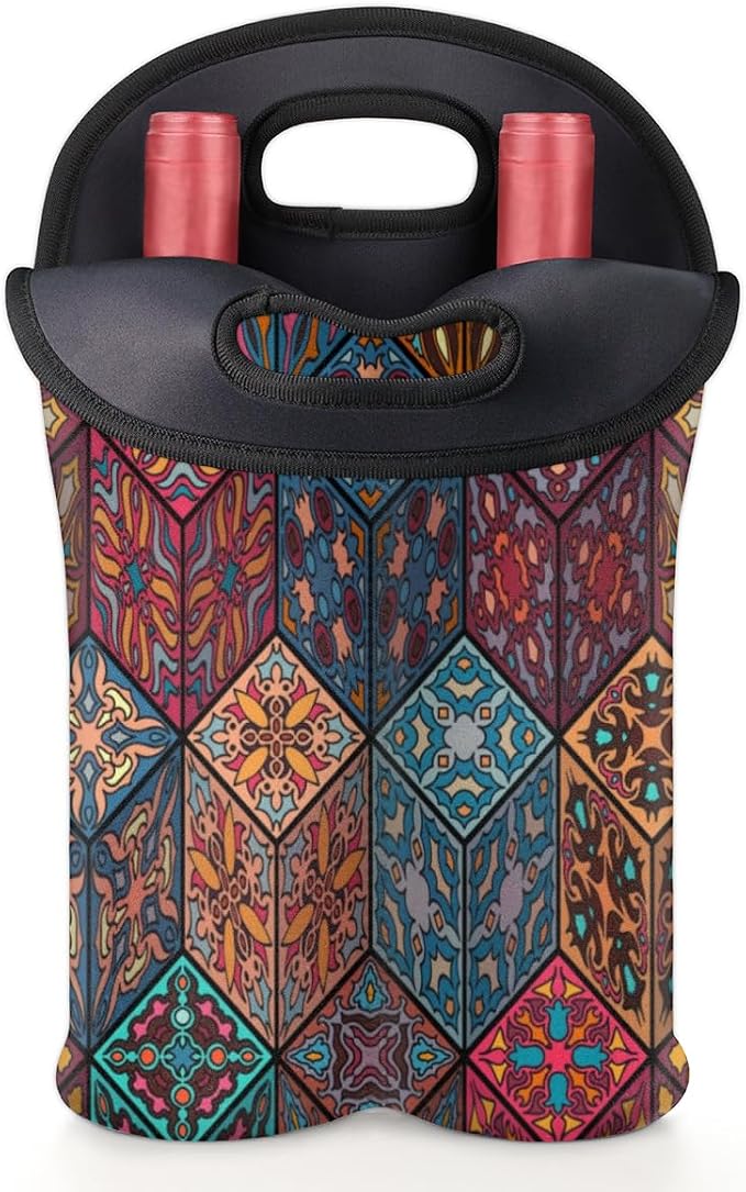 Square Mandala 2 Bottle Wine Carrier Tote Bag Insulated Wine Bottles Neoprene - Image 5