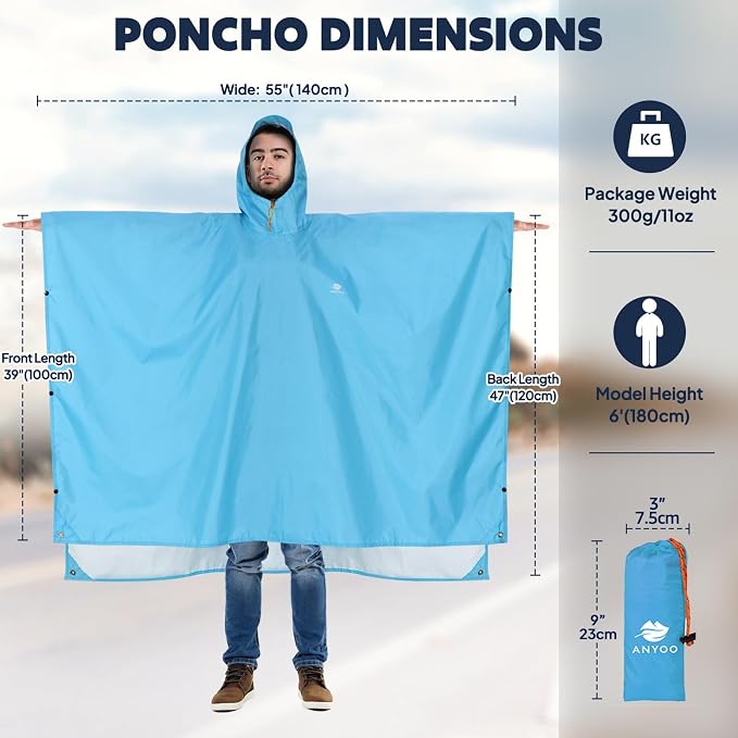 ANYOO Hooded Rain Poncho for Adults Waterproof Lightweight Rain Coat for Men - Image 2