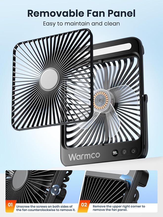 Warmco 20000mAh 8-inch Portable Camping Desk Fan, Ultra-thin LED Light - Image 7
