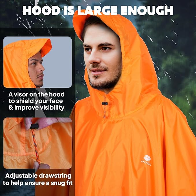 ANYOO Hooded Rain Poncho for Adults Waterproof Lightweight Rain Coat for Men - Image 4