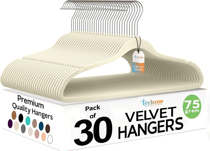 Premium Ivory Velvet Hangers 30 Pack – Space Saving Felt Hanger, Non Slip by TECHZOO