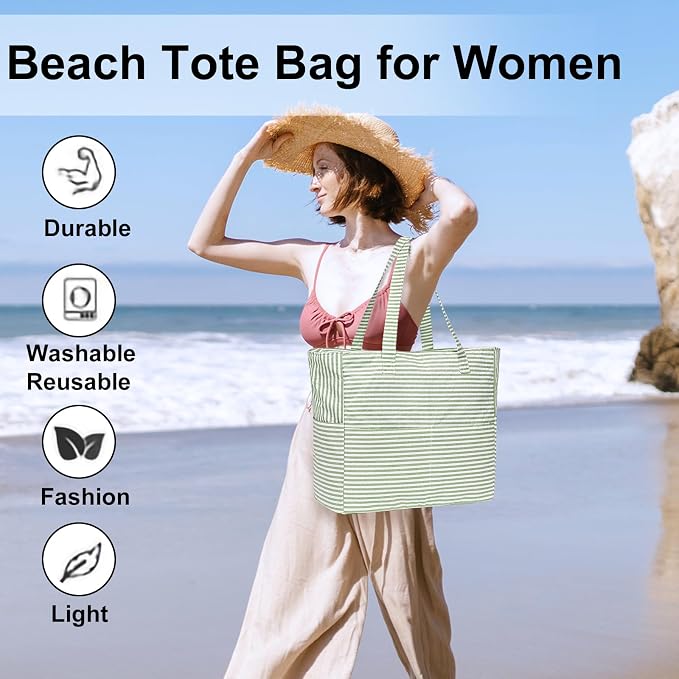 LEDAOU Large Beach Tote Bag Women Waterproof Sandproof Zipper Beach Tote Bag - Image 2