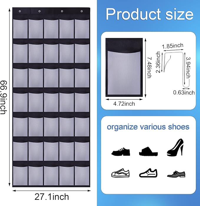 35Large Pockets Over The Door Shoe Organizer, Mesh Pockets Shoe Holder Rack - Image 2