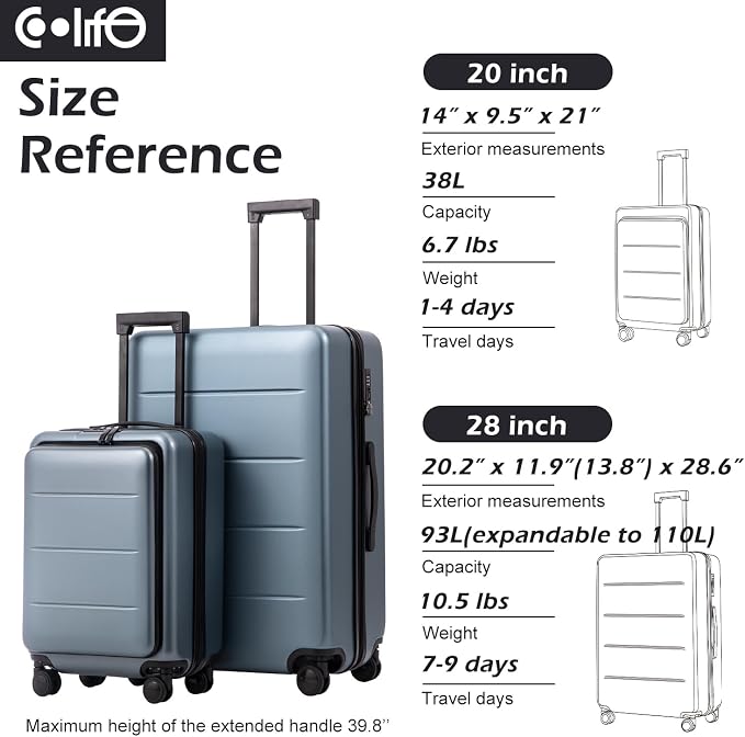 Coolife Luggage Suitcase Piece Set Carry On ABS+PC Spinner - Image 7