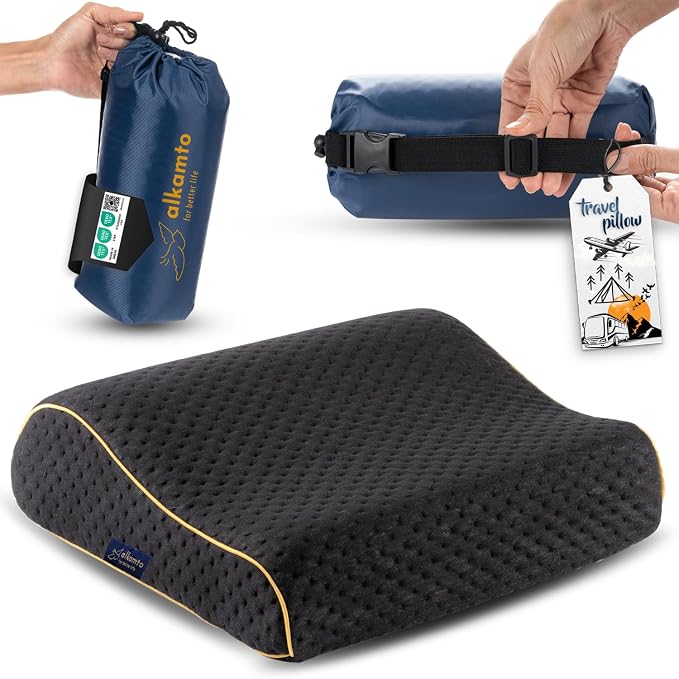Travel & Camping Comfortable Memory Foam Pillow – Easy to Carry Portable Bag – by Alkamto