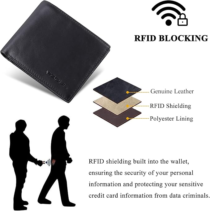 VISOUL Mens Bifold Wallet with 2 ID Windows and 2 Money Compartments, Genuine - Image 5