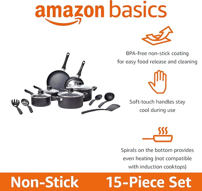 Amazon Basics Non Stick Kitchen Cookware 15-Piece Set, Non-Induction, Includes - Image 2