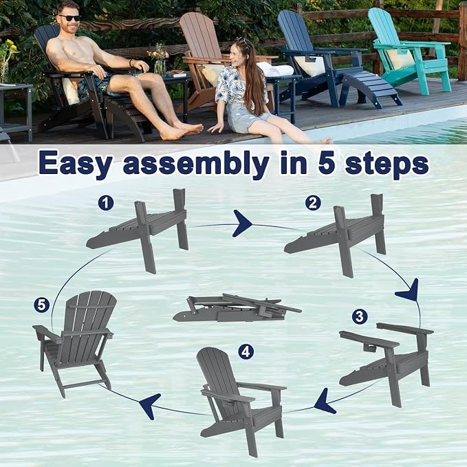 Folding Adirondack Chair with Cup Holder Set of 4, HDPE Patio Chairs, - Image 6