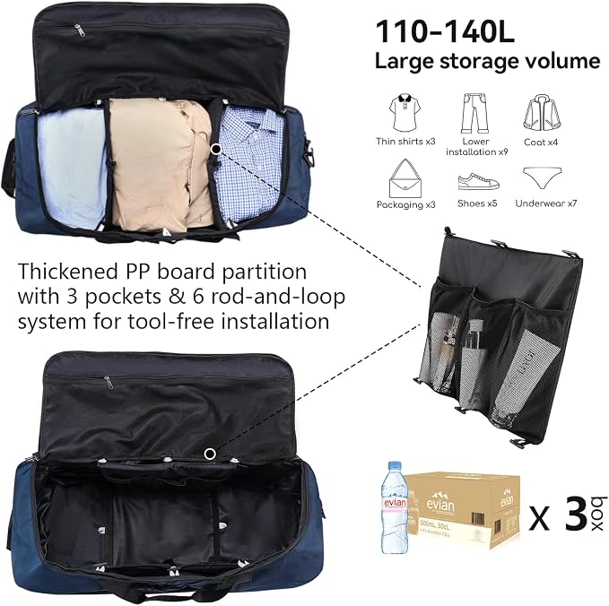 Vomgomfom Wheeled Collapsible Duffel Bag, 110L-140L Expandable Checked Luggage - Image 2