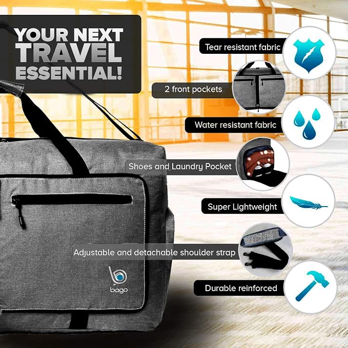 Bago Foldable Duffel Bags for Traveling Women & Men - 60L Medium Packable - Image 3