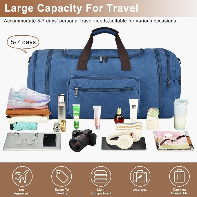 Felipe Varela 60L Duffle Bag for Men, Large Expandable Canvas Duffel Bag for - Image 4