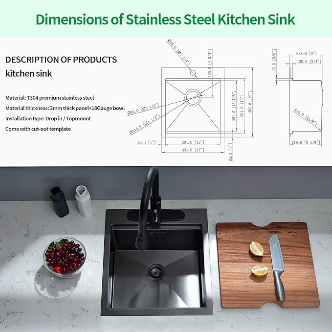Kitchen Sink, 17 x 19 Inch Drop in Bar Sink Gunmetal Black Stainless Steel - Image 8