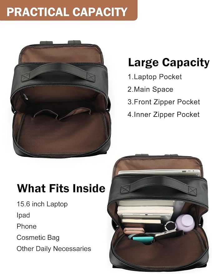 MASINTOR 15.6 inch PU Leather Laptop Backpack Purse - Image 3