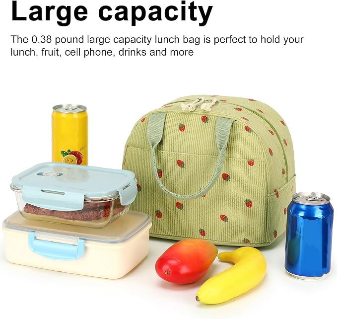Bluboon Lunch Bag for Women Men Cute Corduroy Lunch Tote Bags Reusable - Image 3