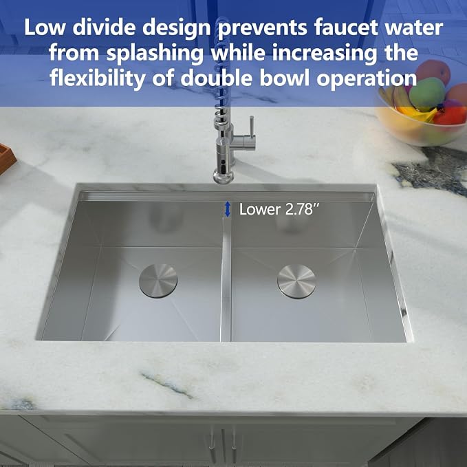 Dcolora 33 In. Double Bowl Kitchen Sink Undermount Sink Workstation Stainless - Image 5