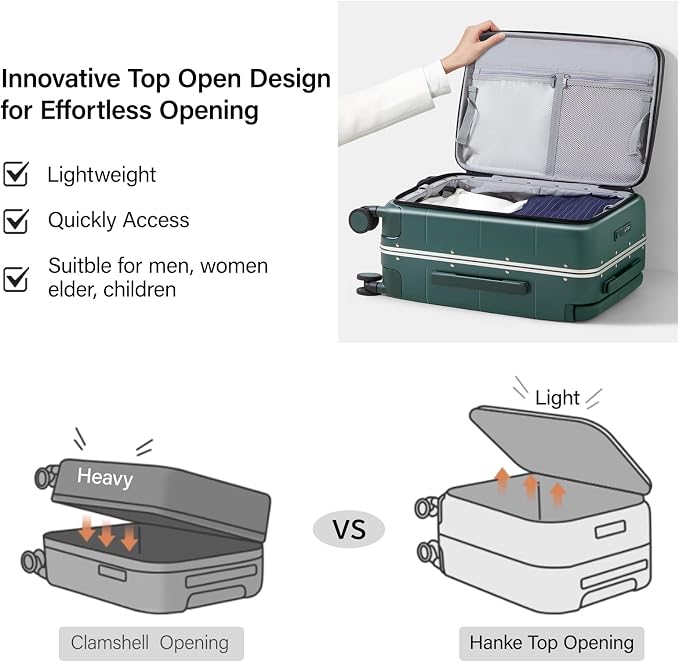 Hanke Top Opening Carry On Luggage, 20 Inch Zipperless Aluminum Frame Wide - Image 2