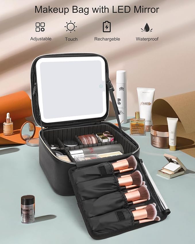 Relavel Makeup Bag with Light Up Mirror, Makeup Case Travel Cosmetic Bags Brush - Image 2
