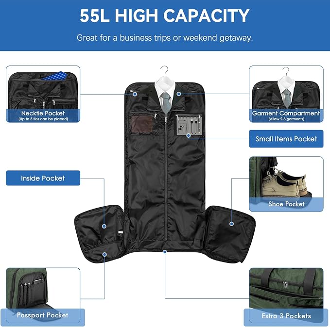 Bukere Garment Bags for Travel, Large Convertible Garment Duffel Bag for Men - Image 3