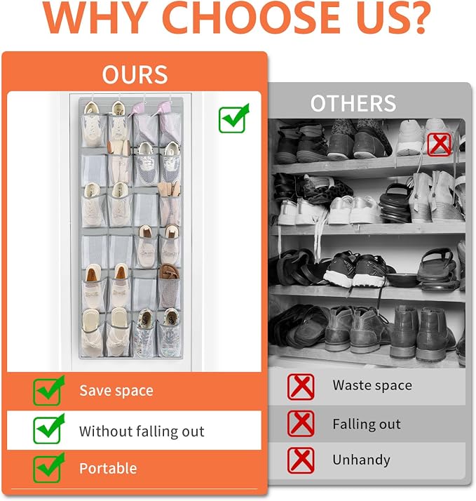 FENTEC 24 Pockets Over the Door Shoe Organizer Hanging Shoe Organizer - Image 2