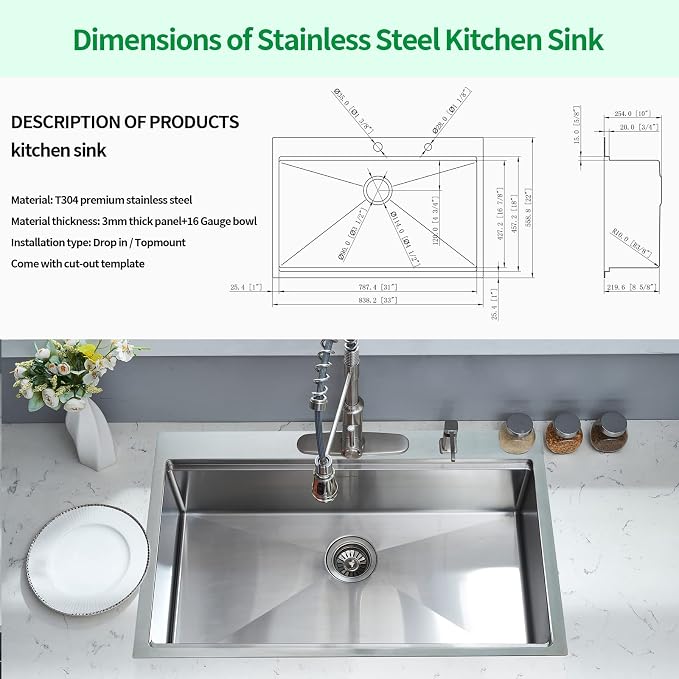 Kitchen Sink, 33 x 22 Drop in Kitchen Sink 16 Gauge Stainless Steel Kitchen - Image 8