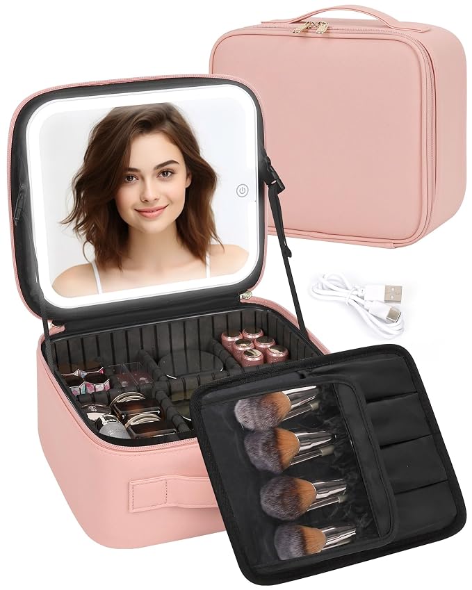 Makeup Bag With LED Mirror, Travel Makeup Case with Light up Mirror Large - Image 2