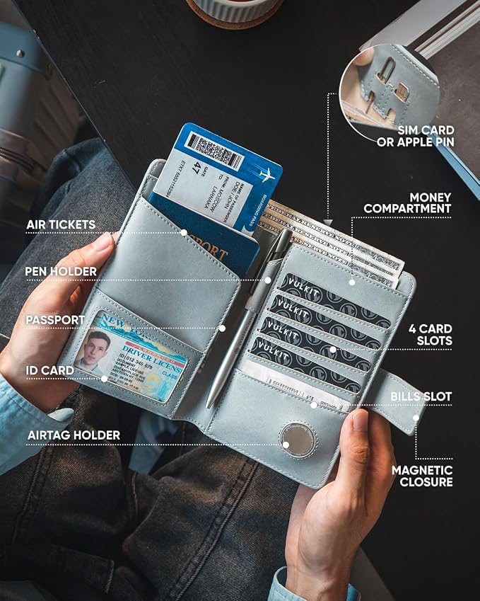 VULKIT Passport Holder with Airtag Holder RFID Blocking Passport Wallet Travel - Image 4