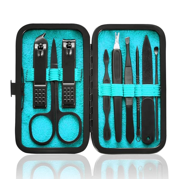 Manicure Set 9 in 1 Stainless Steel, Nail Clippers Scissors Pedicure Tools Kit by HANTEKAS