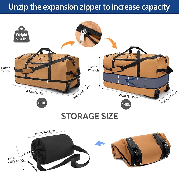110L Expandable to 140L 32” Foldable Oxford Soft-Sided Rolling Duffle Bag - Image 2