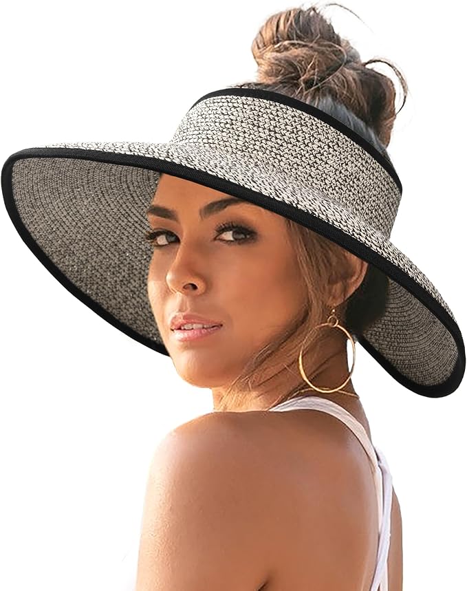 FURTALK Sun Hats for Women Wide Brim Beach Hat Straw Visor Ponytail Summer UV by FURTALK
