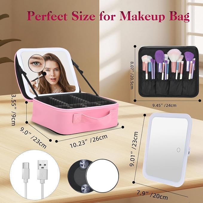 Travel Makeup Bag With LED Mirror, Makeup Travel Train Case with 3 Color Setting - Image 3