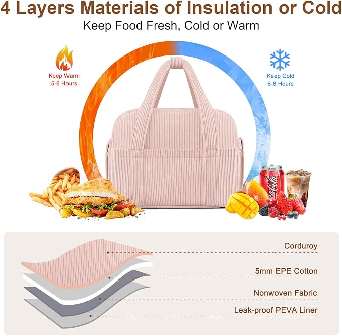 Corduroy Lunch Box Lunch Bag for Women Men, Cute Strawberry Small Insulated - Image 3