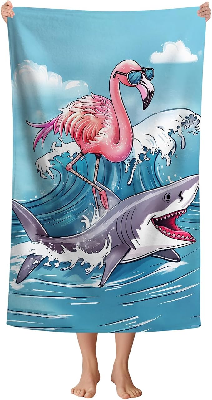 WZOMT Microfiber Flamingo Beach Towel Oversized, Funny Flamingo Riding A Shark by WZOMT