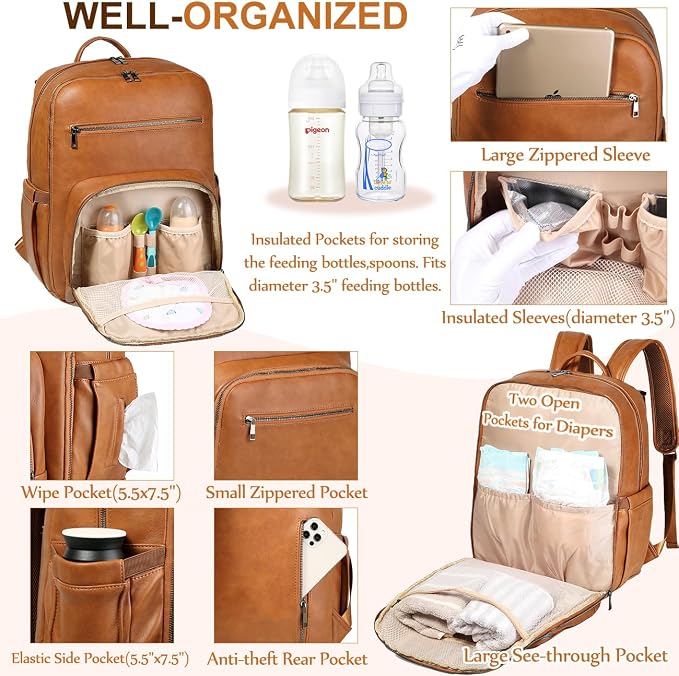 VASCHY Diaper Bag Backpack for Mum Dad, Unisex Large Waterproof Vegan Leather - Image 4