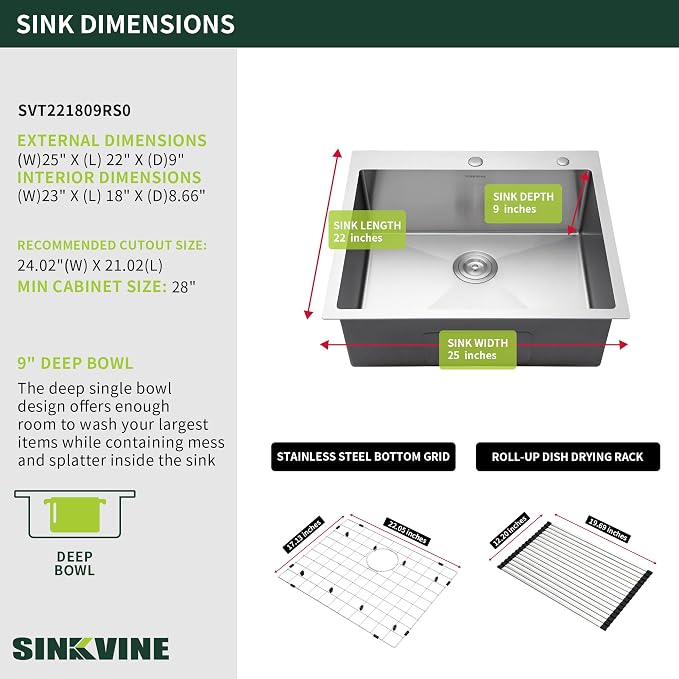 25-Inch Drop-In Kitchen Sink, SINKVINE 25" x 22" Stainless Steel Indoor and - Image 3