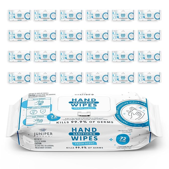 24 Pack Hand Sanitizing Wipes, Fresh Scent, Lint Free & Durable by JuniperCLEAN