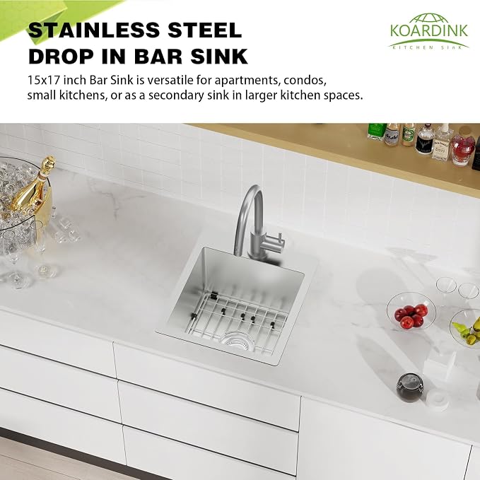 Kitchen And Bar Sink, 15x17 Inch Stainless Steel Drop In Kitchen Sink Modern - Image 3
