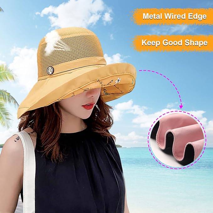 Women Wide Brim Sun Hats Metal Wired Edge Summer UV Protection Beach Fishing Hat - Image 3