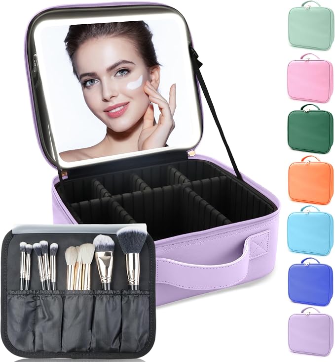 Makeup Bag with Led Mirror, Travel Makeup Organizer with 3 Color Setting by SUILU