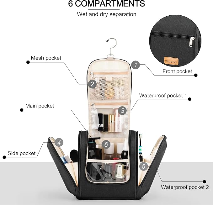 Hanging Travel Toiletry Bag for Women and Men, 6 Organizer Compartments - Image 3