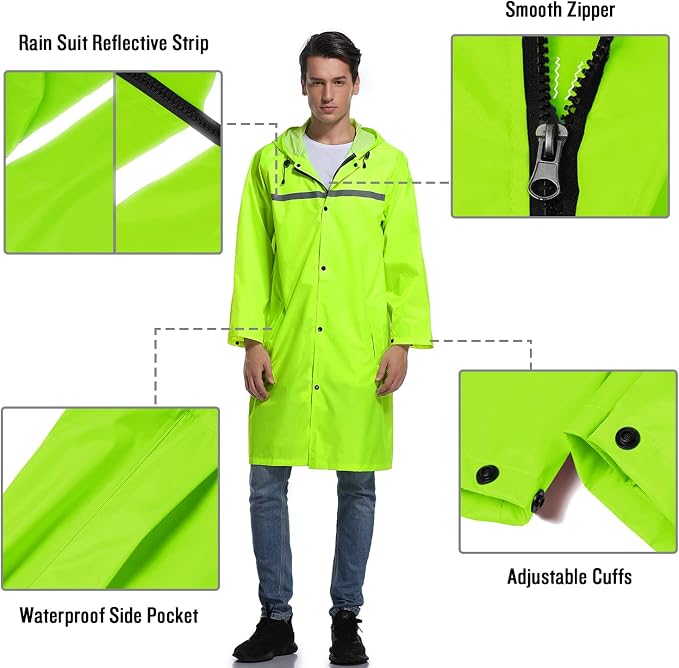 Mens Long Hooded Safety Rain Jacket Waterproof Emergency Raincoat Poncho - Image 3