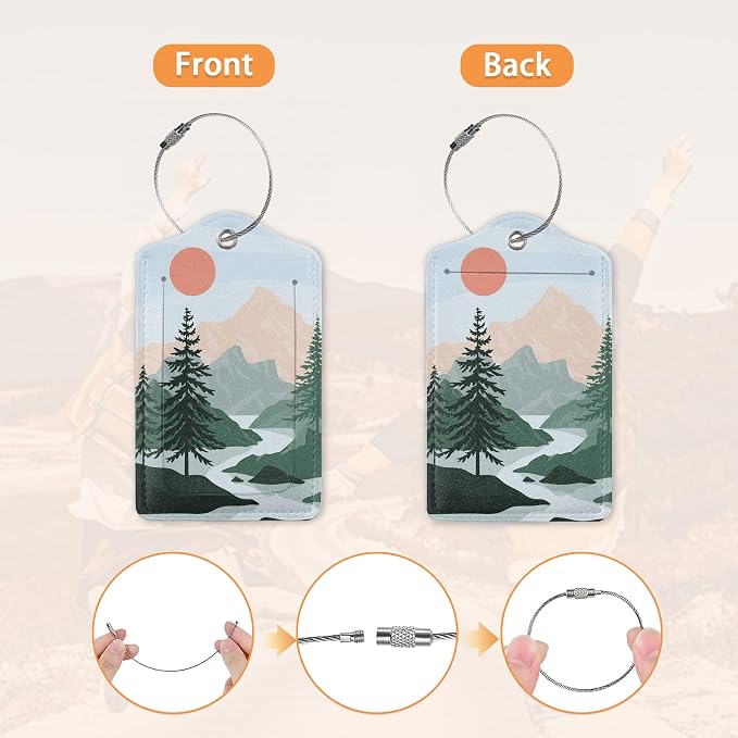 3 Pcs Luggage Tag for Suitcases, Mountain and Tree Sunset Landscape Leather - Image 3