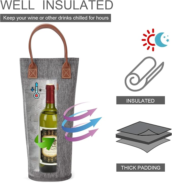 Single Bottle Insulated Wine Tote, 1 Bottle Wine Carrier Bag Padded Wine Cooler - Image 2