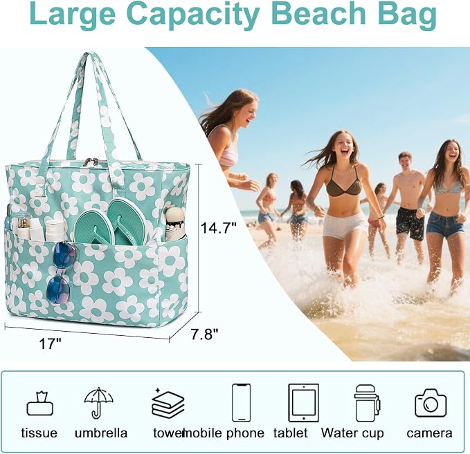 LEDAOU Large Beach Tote Bag Women Waterproof Sandproof Zipper Beach Tote Bag - Image 5